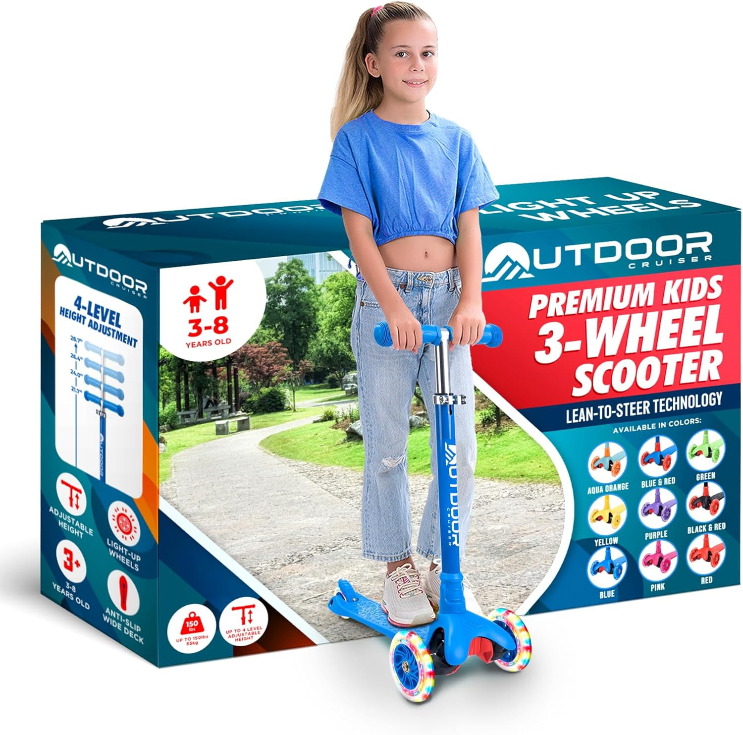 Outdoor Cruiser 3-Wheel Kids Scooter – with Lean-to-Steer Technology, Wide Deck, Led Lighted Wheel, 4-Level Adjustable Height T-bar Handle, Support Kids Up to 150 Lbs, for Boys & Girls Ages 3-8, Blue