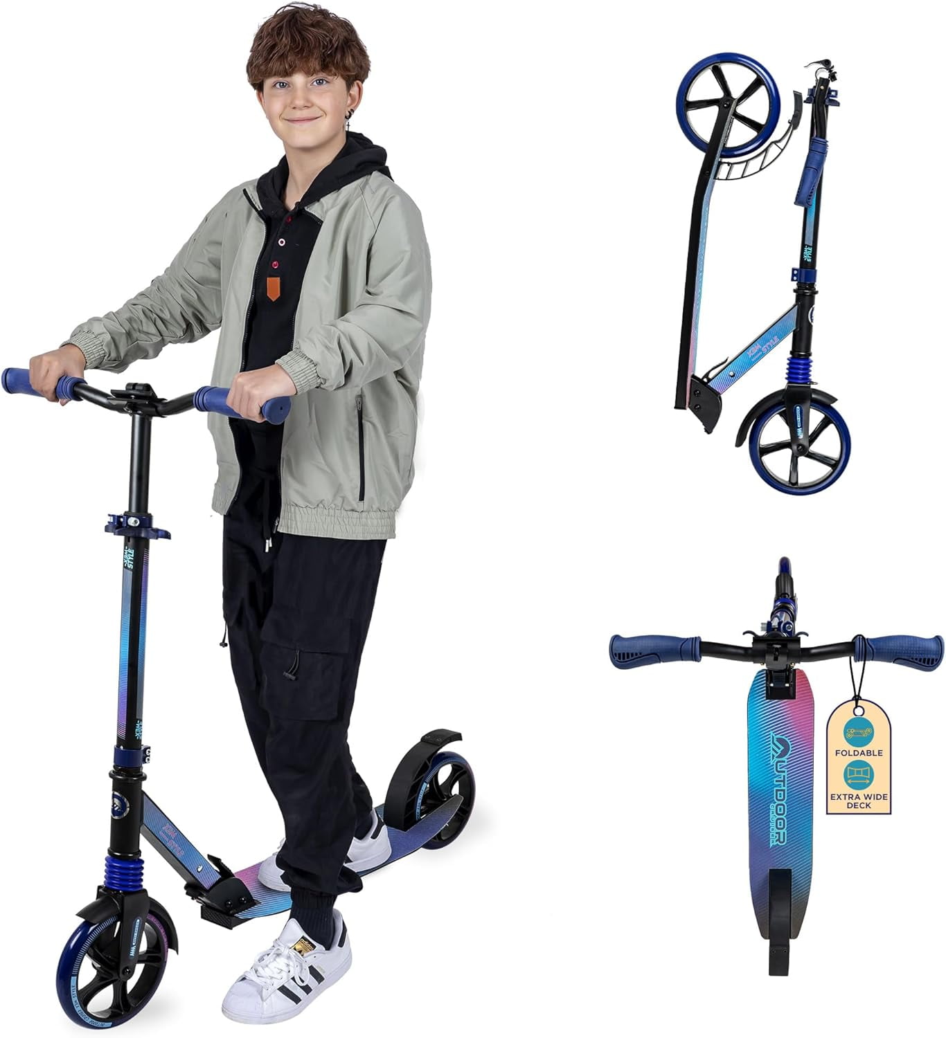 Outdoor Cruiser Kick Scooter for Ages 6+, for Kids, Teens, and Adult, Max Load 250 LBS, Foldable, 8-inch Big Wheels, Dual Suspension, 3 Adjustable Levels, Child Safety Approved, Blue, Purple, & Pink