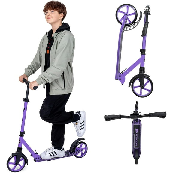 Outdoor Cruiser Kick Scooter for Ages 6+, for Kids, Teens, and Adults, Max Load 250 LBS, Foldable, 8-inch Big Wheels, Dual Suspension, 3 Adjustable Levels, Child Safety Approved, Purple