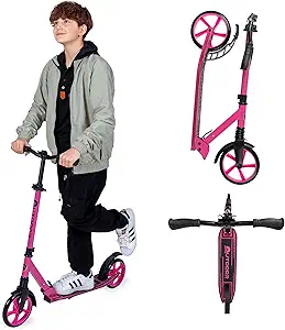 Outdoor Cruiser Kick Scooter for Ages 6+, for Kids, Teens, and Adults, Max Load 250 LBS, Foldable, 8-inch Big Wheels, Dual Suspension, 3 Adjustable Levels, Child Safety Approved, Black and Aqua