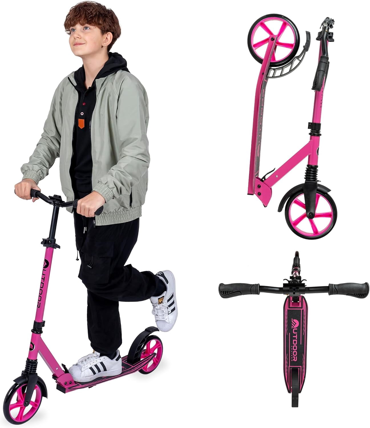 Outdoor Cruiser Kick Scooter for Ages 6+, for Kids, Teens, and Adults, Max Load 250 LBS, Foldable, 8-inch Wheels for Kids and Adults, Dual Suspension, 3 Adjustable Levels, Child Safety Approved, Pink
