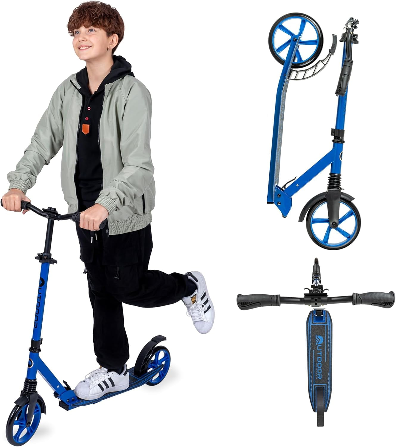 Outdoor Cruiser Kick Scooter for Ages 6+, for Kids, Teens, and Adults, Max Load 250 LBS, Foldable, 8-inch Wheels for Kids and Adults, Dual Suspension, 3 Adjustable Levels, Child Safety Approved, Blue