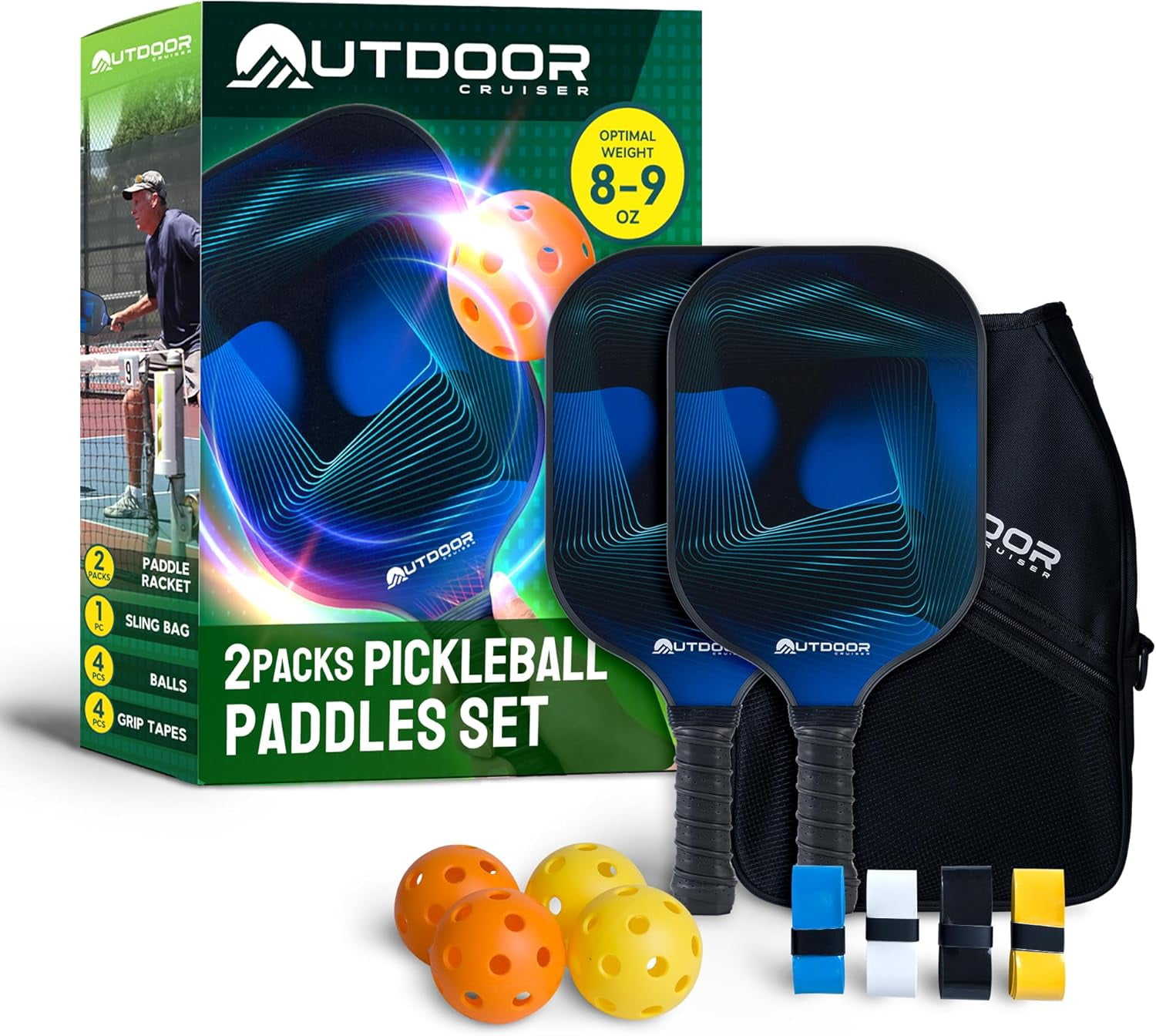 Outdoor Cruiser Pickleball Paddle Set – USAPA Approved, Premium Fiberglass Paddles with Lightweight Shock-Absorbing Grip, Includes 2 Rackets, 4 Balls, Grip Tapes, and Sling Carry Bag