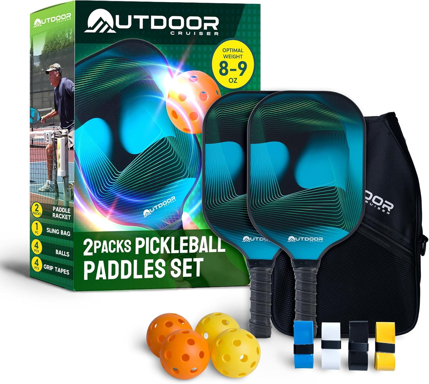 Outdoor Cruiser Pickleball Paddle Set – USAPA Approved, Premium Fiberglass Paddles with Lightweight Shock-Absorbing Grip, Includes 2 Rackets, 4 Balls, Grip Tapes, and Sling Carry Bag