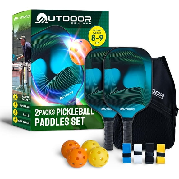 Outdoor Cruiser Pickleball Paddle Set – USAPA Approved, Premium Fiberglass Paddles with Lightweight Shock-Absorbing Grip, Includes 2 Rackets, 4 Balls, Grip Tapes, and Sling Carry Bag