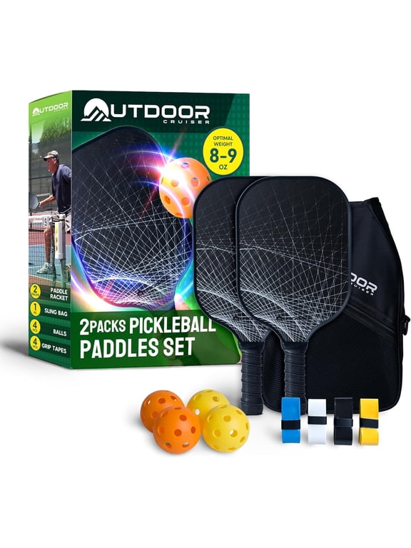 Outdoor Cruiser Pickleball Racket Set - Carbon Fiber USAPA Approved Lightweight Paddles with Polypropylene Honeycomb Core, Skill Levels, Includes 2 Rackets, a Sling Bag, 4 Balls, and 4 Grip Tapes