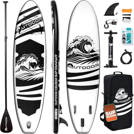 Outdoor Crusier Inflatable Stand Up Paddle Board, Ultra Portable & Lightweight, Wide Stable Non-Slip Design, Complete SUP Accessories, High-Quality Drop-Stitch Material - Black