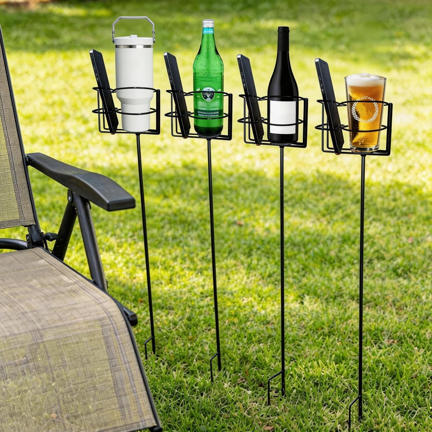 Outdoor Cup Holders Beach Metal Drink and Phone Holder,Portable Heavy Duty 4-Piece Beer & Beverage Stakes Set,Suitable for Oudoors Activitie,Camping & Picnics,Yard Party,Holds Cans,Bottles & Cups