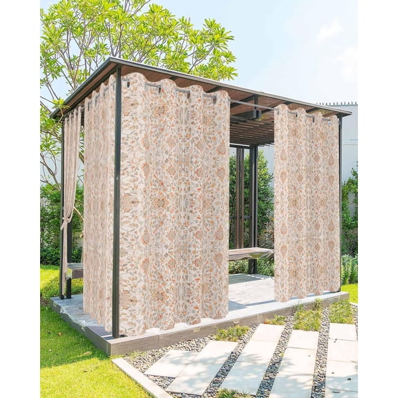 Outdoor Curtain for Patio Waterproof, Ethnic Vintage Patterns Floral Motifs Middle Eastern Outside Curtains with Grommet Top Curtain Panels Drapes for Pergola, Gazebo, Balcony 54"W x 84"L 1 Pcs