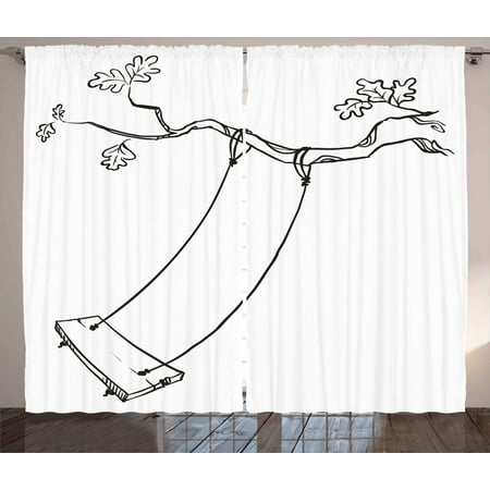 Outdoor Curtains 2 Panels Set, Sketchy Leaves Tree Branch with a Swing and Word of Joy Garden Park Play Childhood, Window Drapes for Living Room Bedroom, 108W X 63L Inches, Black White, by Ambesonne