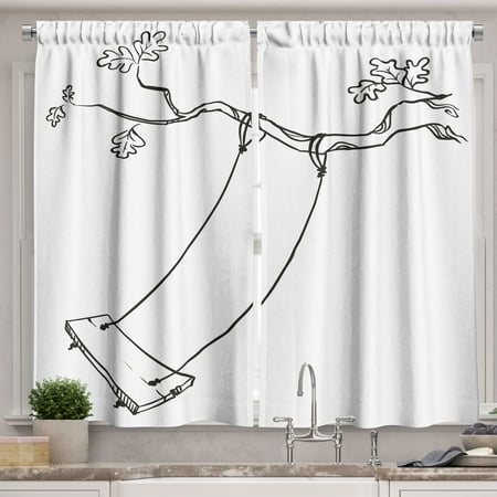 Outdoor Curtains 2 Panels Set, Sketchy Leaves Tree Branch with a Swing and Word of Joy Garden Park Play Childhood, Window Drapes for Living Room Bedroom, 55W X 39L Inches, Black White, by Ambesonne