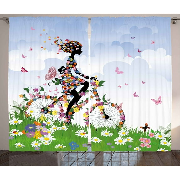 Ambesonne Outdoor Curtains 2 Panel Set, Vintage Romantic Bike, 108" x 63", Multicolor