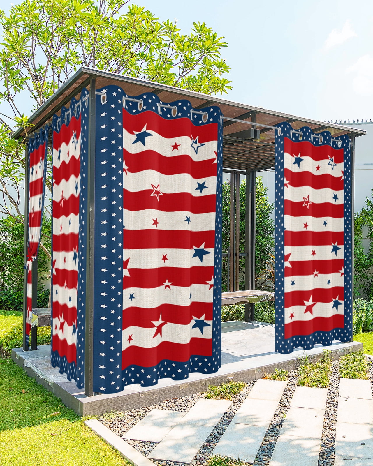Outdoor Curtains for Patio, 4th of July Waterproof Blackout Outside Curtain for Porch/Pergola/Gazebo, American Flag Star Patriotic Independence Day Thermal Insulated Drapes, 1 Panel, 54 x 95 Inch