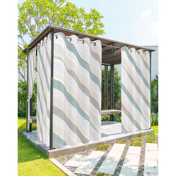 Outdoor Curtains for Patio, Abstract, Waterproof Blackout Outside Curtain for Porch/Pergola/Gazebo, Beige Teal Geometric Minimalistic Brush Stripes Thermal Insulated Drapes, 1 Panel, 54 x 84 Inch