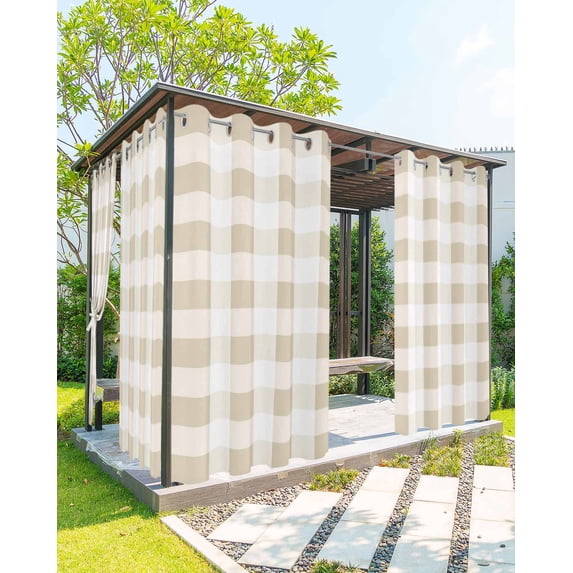 Outdoor Curtains for Patio, Beige Plaid Waterproof Blackout Outside Curtain for Porch/Pergola/Gazebo, Spring Summer Farmhouse Buffalo Checkered Thermal Insulated Drapes, 2 Panels, 54 x 84 Inch