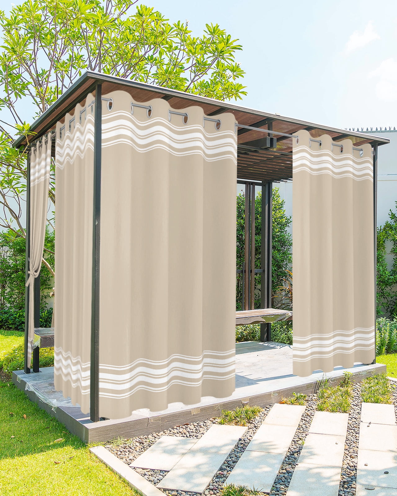 Outdoor Curtains for Patio, Beige Striped Waterproof Blackout Outside Curtain for Porch/Pergola, Farmhouse Luxurious White Stripes Modern Abstract Art Thermal Insulated Drapes, 1 Panel, 54 x 95 Inch