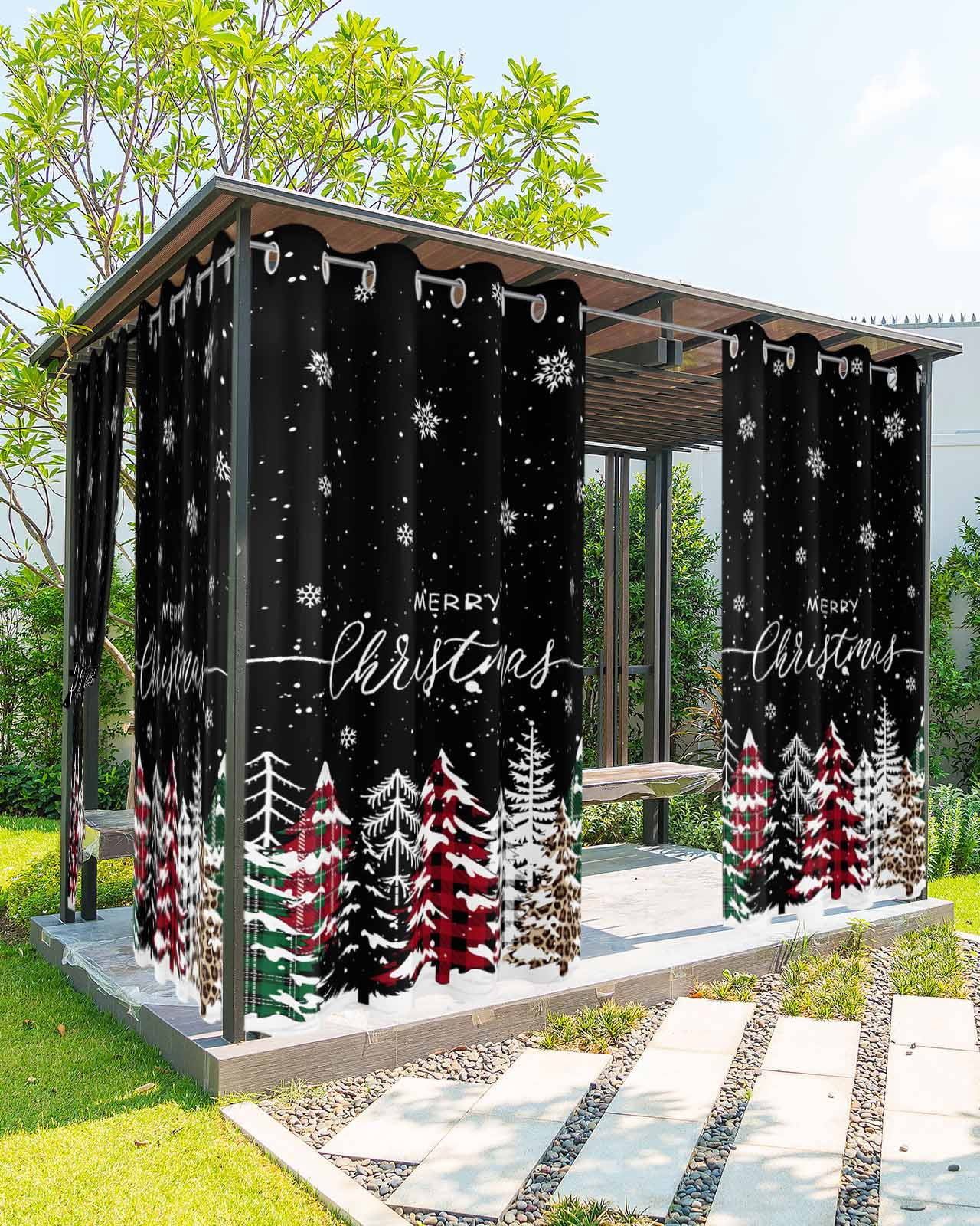 Outdoor Curtains for Patio, Black Christmas Tree Waterproof Blackout Outside Curtain for Porch/Pergola/Gazebo, Winter Xmas Tree Snowflake Thermal Insulated Drapes for Cabana, 2 Panels, 54 x 95 Inch