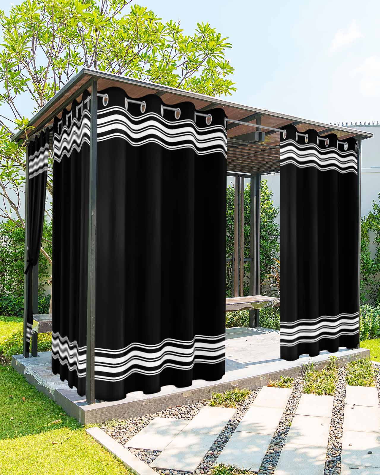 Outdoor Curtains for Patio, Black Striped Waterproof Blackout Outside Curtain for Porch/Pergola/Gazebo, Farmhouse Black White Stripes Thermal Insulated Drapes for Cabana, 2 Panels, 54 x 108 Inch