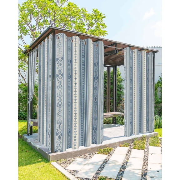 Outdoor Curtains for Patio, Blue Bohemia Stripes,Boho Vintage Flower Line Art Waterproof Blackout Outside Curtain for Porch/Pergola, Thermal Insulated Drapes for Cabana, 2 Panels, 54 x 108 Inch