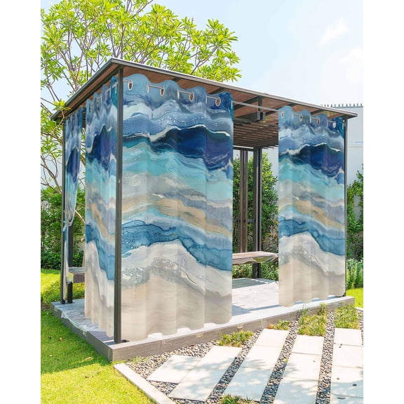 Outdoor Curtains for Patio, Blue Coastal Waterproof Blackout Outside Curtain for Porch/Pergola/Gazebo, Summer Beach Nautical Abstract Art Thermal Insulated Drapes for Cabana, 1 Panel, 54 x 95 Inch