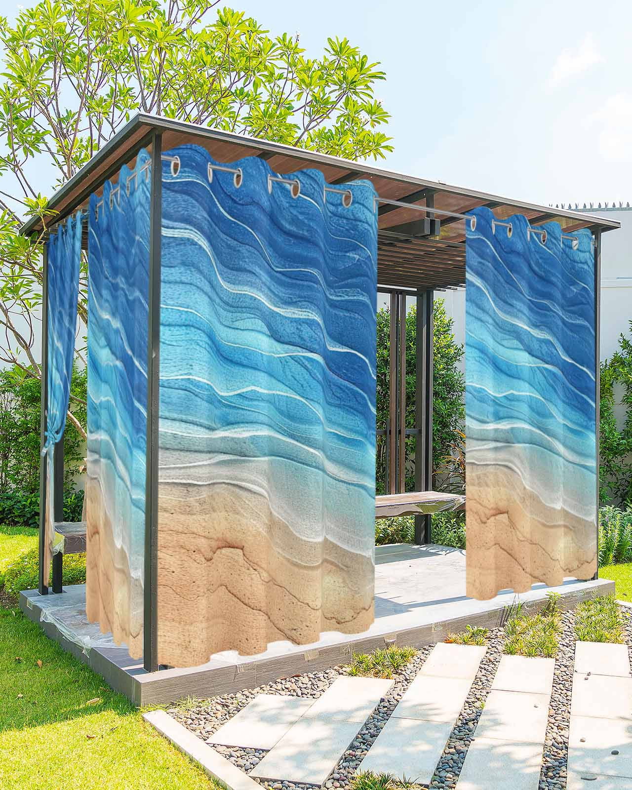 Outdoor Curtains for Patio Blue Gradient Seaside Ocean Wave Ombre Waterproof Privacy Outside Curtains with Tiebacks Grommet Top Pergola Curtains for Porch Cabana Gazebo 2 Panels, 54x84 inch