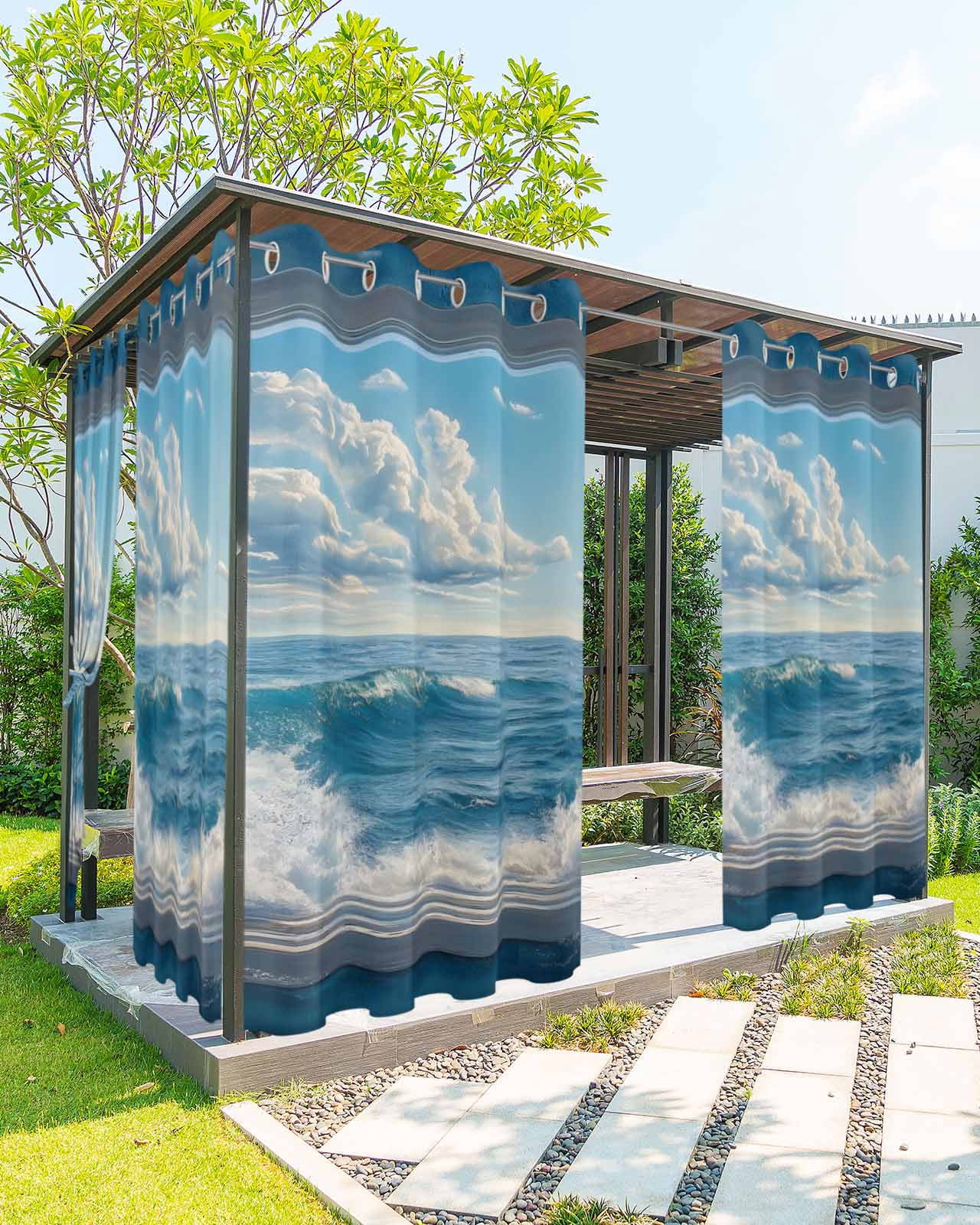 Outdoor Curtains for Patio, Blue Sky Ocean Waterproof Blackout Outside Curtain for Porch/Pergola/Gazebo, Coastal Sea Waves Summer Window Scenery Thermal Insulated Drapes, 1 Panel, 54 x 84 Inch