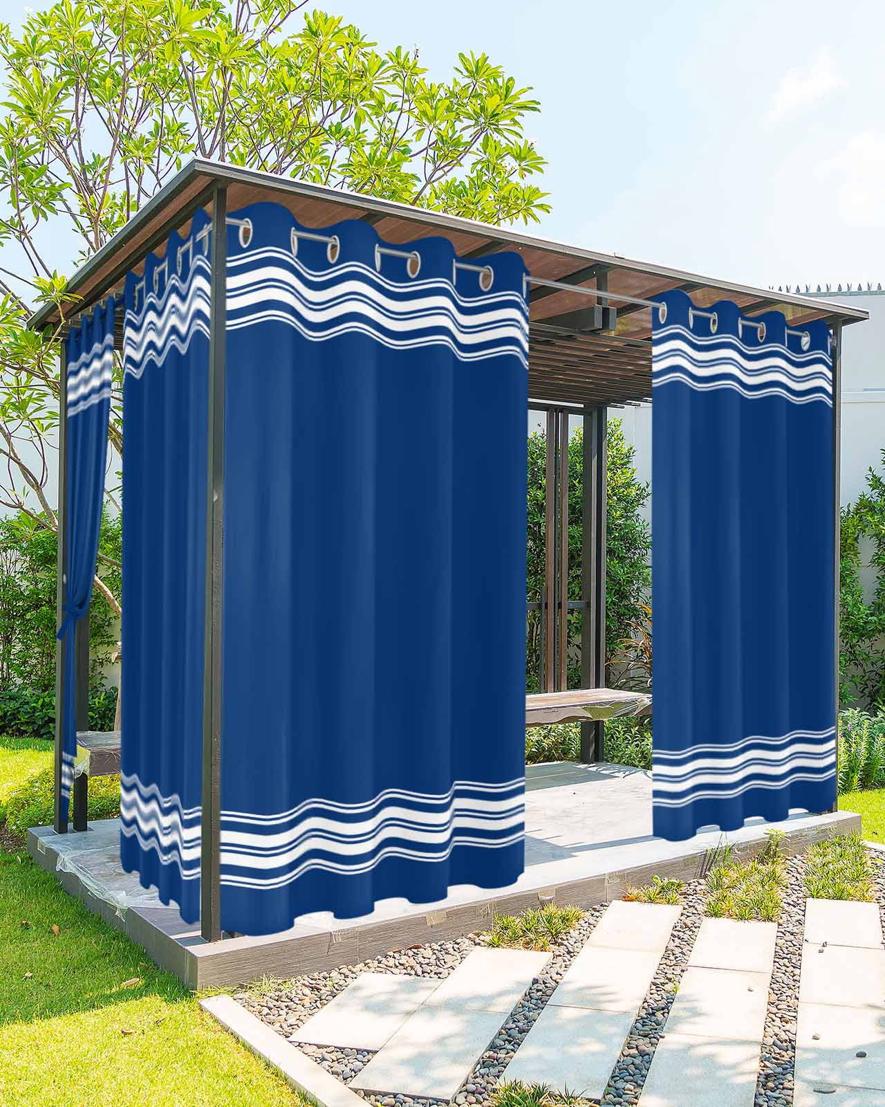 Outdoor Curtains for Patio, Blue Striped Waterproof Blackout Outside Curtain for Porch/Pergola/Gazebo, Farmhouse Blue White Stripes Thermal Insulated Drapes for Cabana, 2 Panels, 54 x 84 Inch