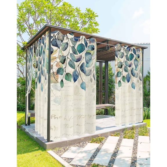 Outdoor Curtains for Patio, Blue Teal Botanical Waterproof Blackout Outside Curtain for Porch/Pergola/Gazebo, Weeping Fall Eucalyptus Leaves Rustic Thermal Insulated Drapes, 2 Panels, 54 x 95 Inch