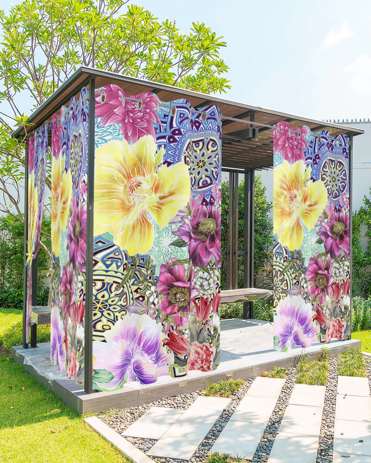Outdoor Curtains for Patio, Bohemian Mandala, Waterproof Blackout Outside Curtain for Porch/Pergola/Gazebo, Vintage Colorful Boho Floral Chic Ethnic Thermal Insulated Drapes, 1 Panel, 54 x 84 Inch