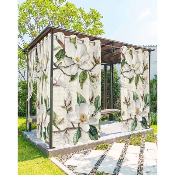 Outdoor Curtains for Patio, Botanical Floral Waterproof Blackout Outside Curtain for Porch/Pergola/Gazebo, Retro Country Magnolia Flowers Leaves Thermal Insulated Drapes, 2 Panels, 54 x 84 Inch