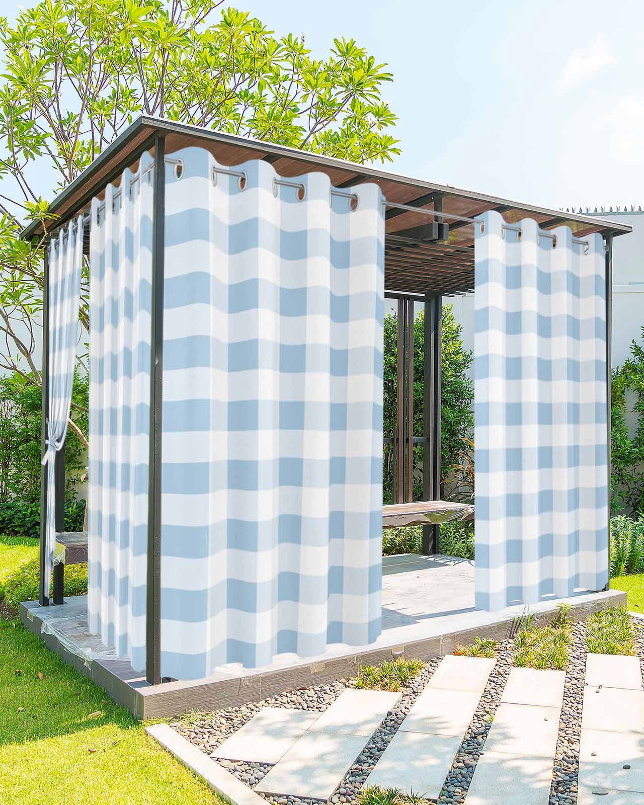 Outdoor Curtains for Patio, Buffalo Plaid Blue, Waterproof Blackout Outside Curtain for Porch/Pergola/Gazebo, Country French Simple White Lattice Thermal Insulated Drapes, 2 Panels, 54 x 95 Inch