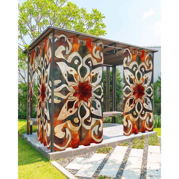 Outdoor Curtains for Patio, Burnt Orange Green Waterproof Blackout Outside Curtain for Porch/Pergola/Gazebo, Vintage Abstract Flowers Thermal Insulated Drapes for Cabana, 1 Panel, 54 x 108 Inch