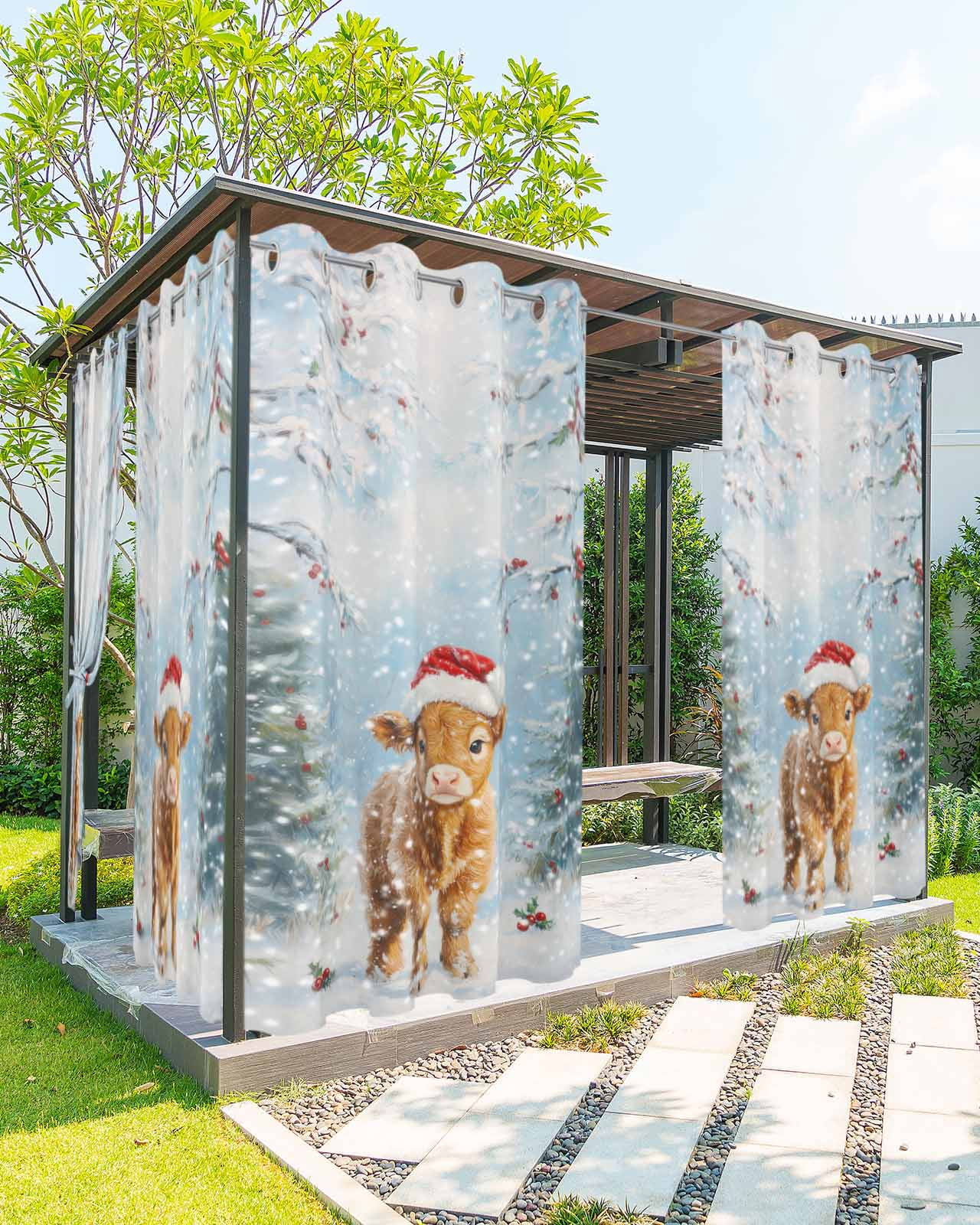 Outdoor Curtains for Patio Christmas Poinsettia Winter Snow Santa Hat Cow Berry Waterproof ...
