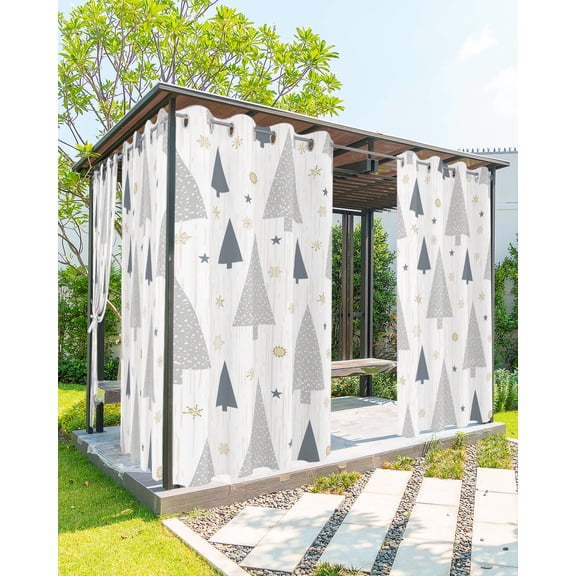 Outdoor Curtains for Patio, Christmas Tree Waterproof Blackout Outside Curtain for Porch/Pergola/Gazebo, Grey Xmas Tree Winter Snowflake Thermal Insulated Drapes for Cabana, 2 Panels, 54 x 108 Inch