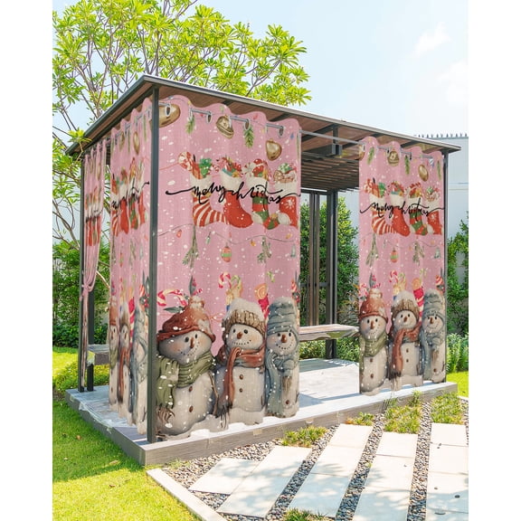 Outdoor Curtains for Patio, Christmas, Waterproof Blackout Outside Curtain for Porch/Pergola/Gazebo, Retro Blush Pink Blush Pink Snowman Thermal Insulated Drapes for Cabana, 1 Panel, 54 x 84 Inch