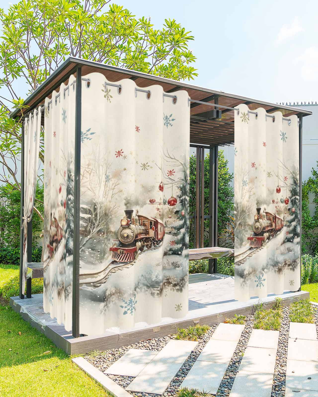 Outdoor Curtains for Patio, Christmas Waterproof Blackout Outside Curtain for Porch/Pergola/Gazebo, Train Xmas Tree Snowflake Balls Thermal Insulated Drapes for Cabana, 2 Panels, 54 x 108 Inch