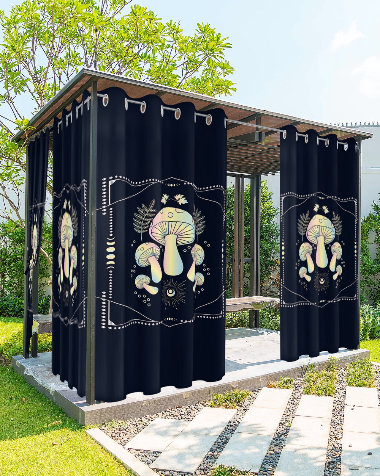 Outdoor Curtains for Patio, Cream Ombre Mushroom Waterproof Blackout Outside Curtain for Porch/Pergola/Gazebo, Botanical Black Geometric Thermal Insulated Drapes for Cabana, 1 Panel, 54 x 108 Inch