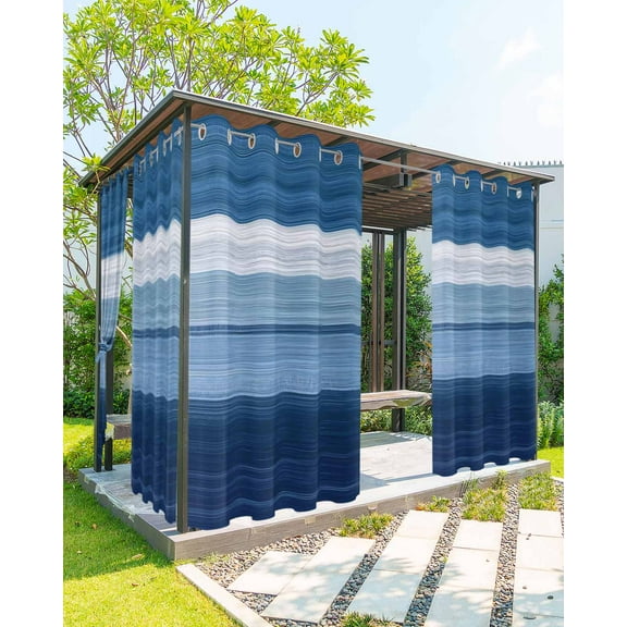 Outdoor Curtains for Patio, Dark Blue Ombre Stripes Waterproof Blackout Outside Curtain for Porch/Pergola/Gazebo, Chic Vintage Simple Abstract Art Thermal Insulated Drapes, 2 Panels, 54 x 108 Inch