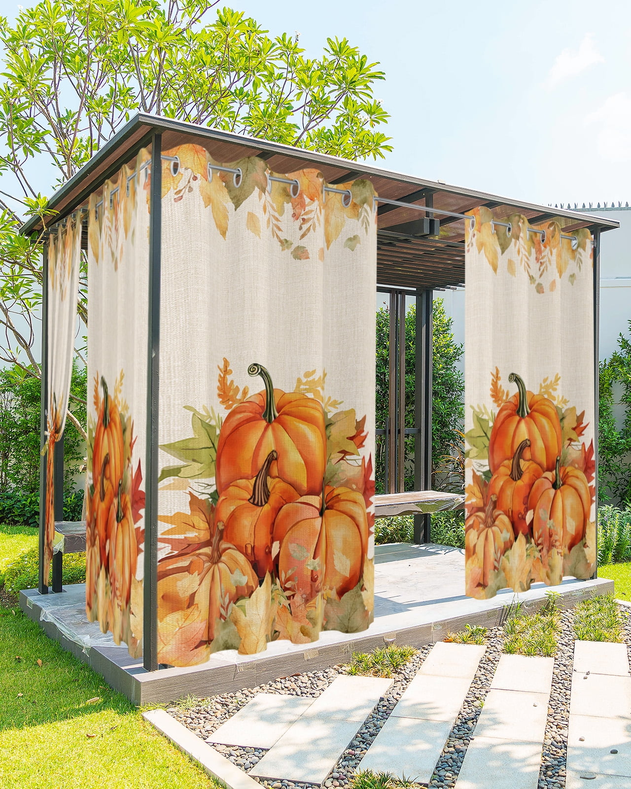 Outdoor Curtains for Patio, Fall Thanksgiving Waterproof Blackout Outside Curtain for Porch/Pergola/Gazebo, Rustic Orange Pumpkin Harvest Maple Leaf Thermal Insulated Drapes, 2 Panels, 54 x 84 Inch