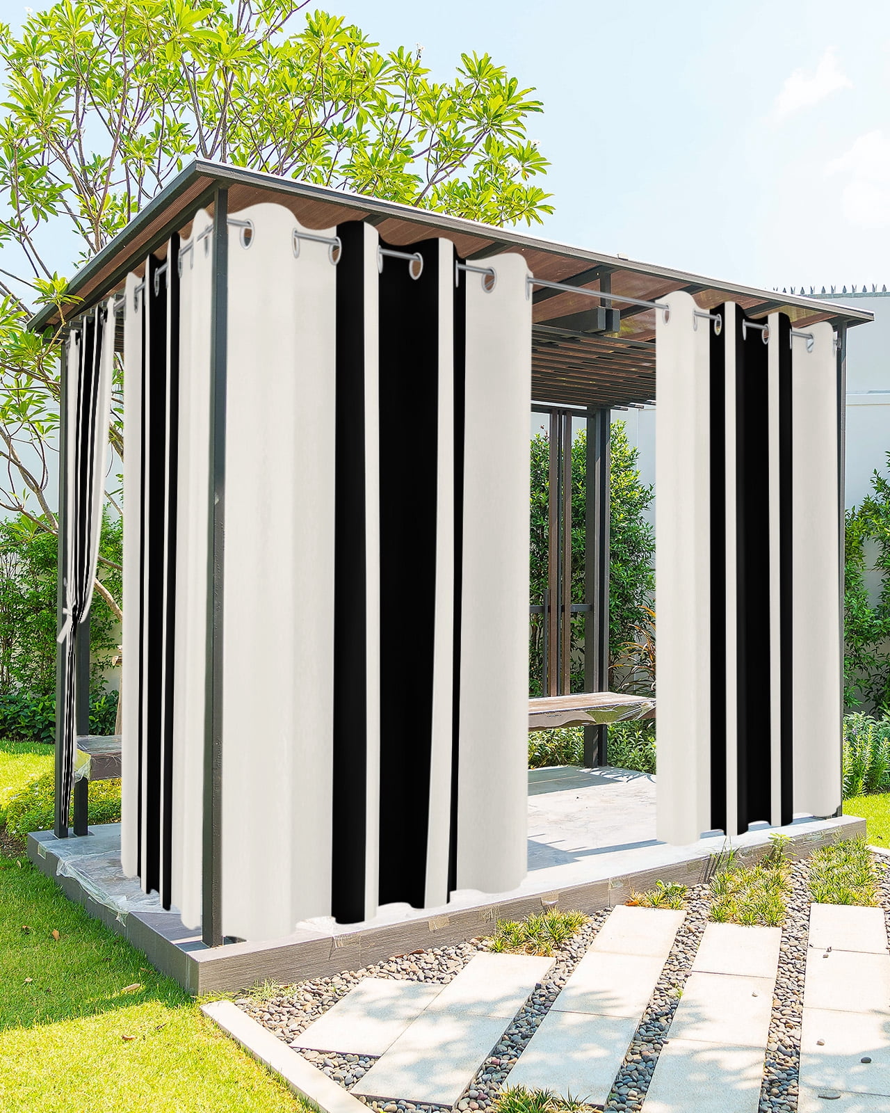 Outdoor Curtains for Patio, Farm Rural Theme Black Stripes Waterproof Blackout Outside Curtain for Porch/Pergola/Gazebo, Thermal Insulated Drapes for Cabana, 2 Panels, 54 x 108 Inch