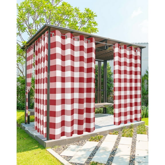 Outdoor Curtains for Patio, Farmhouse Red Plaid Waterproof Blackout Outside Curtain for Porch/Pergola/Gazebo, Rustic Red White Checkered Thermal Insulated Drapes for Cabana, 2 Panels, 54 x 84 Inch