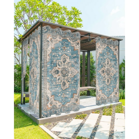 Outdoor Curtains for Patio, Geometric Blue, Waterproof Blackout Outside Curtain for Porch/Pergola/Gazebo, Traditional Farmhouse Country Flower Thermal Insulated Drapes, 2 Panels, 54 x 84 Inch