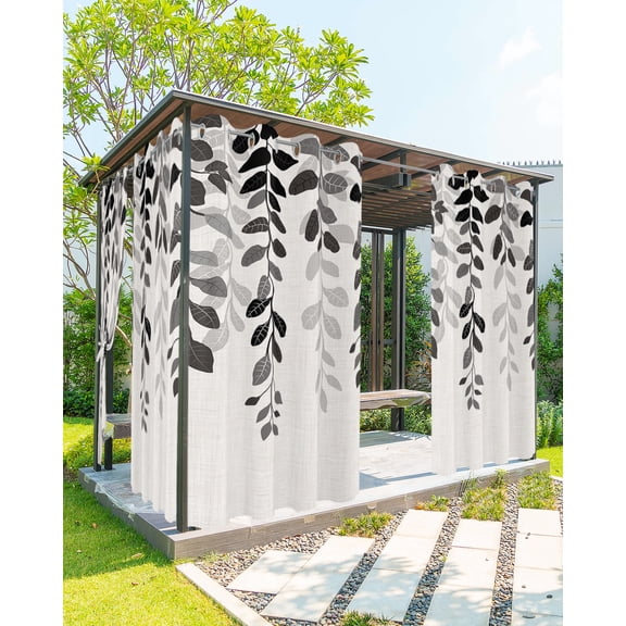 Outdoor Curtains for Patio, Grey Ombre Botanical Waterproof Blackout Outside Curtain for Porch/Pergola/Gazebo, Watercolor Gray Pastoral Leaf Rustic Thermal Insulated Drapes, 1 Panel, 54 x 108 Inch