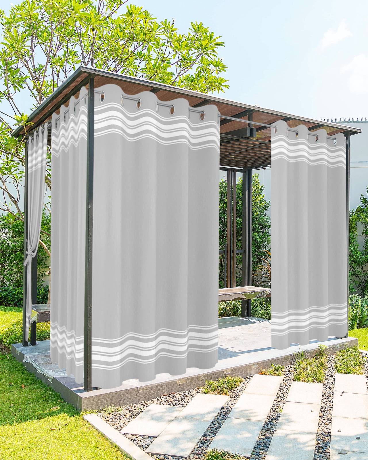 Outdoor Curtains for Patio, Grey Striped Waterproof Blackout Outside Curtain for Porch/Pergola/Gazebo, Luxurious White Stripes Modern Abstract Art Thermal Insulated Drapes, 2 Panels, 54 x 84 Inch