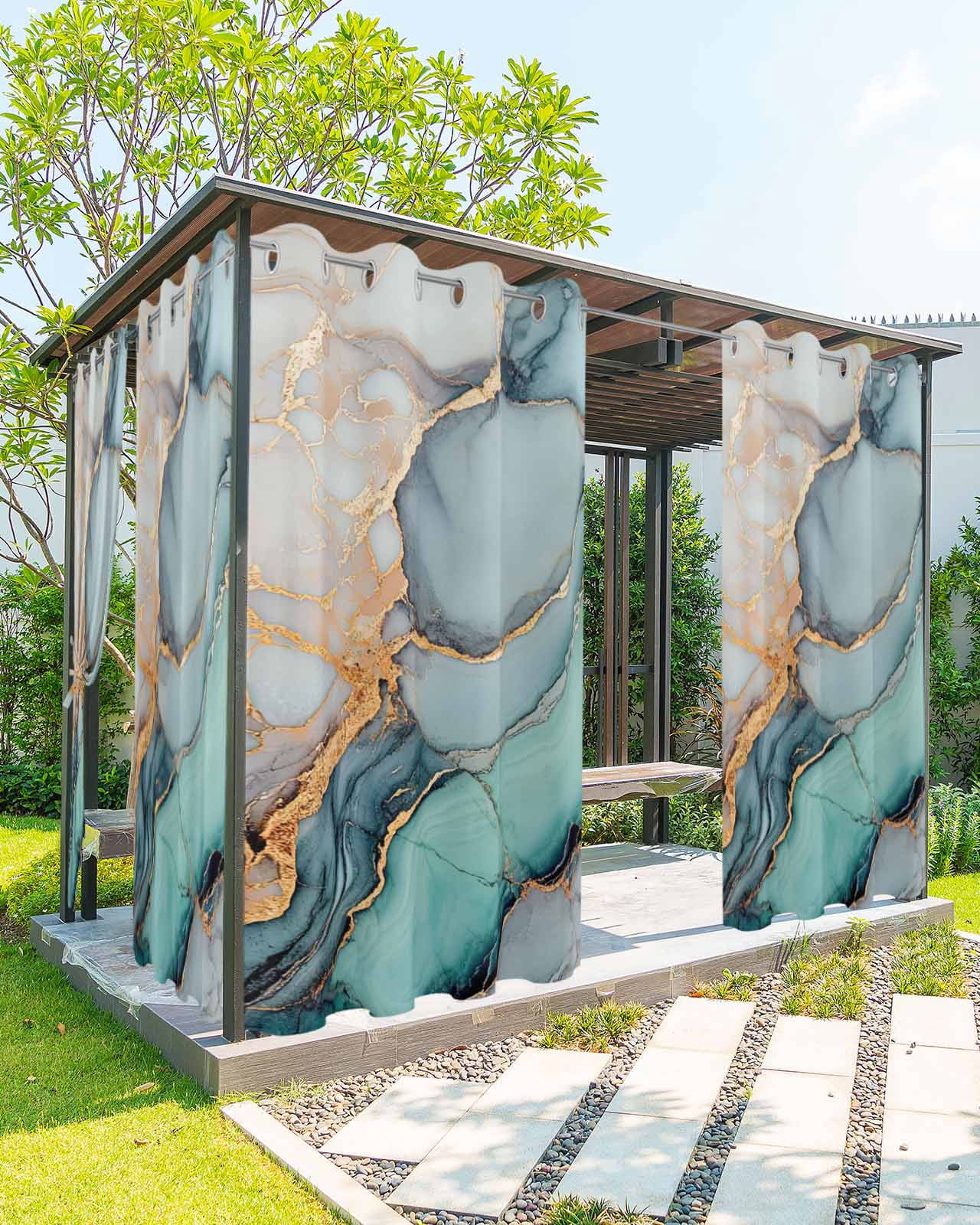 Outdoor Curtains for Patio, Marble Waterproof Blackout Outside Curtain for Porch/Pergola/Gazebo, Turquoise Gray Blue Gradient Modern Geometric Thermal Insulated Drapes, 2 Panels, 54 x 84 Inch