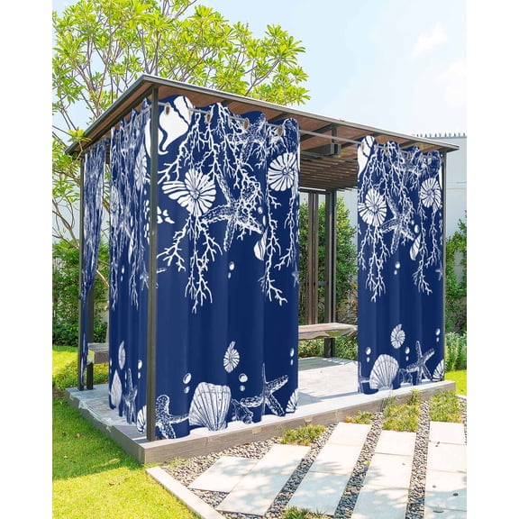 Outdoor Curtains for Patio, Navy Blue Coastal Waterproof Blackout Outside Curtain for Porch/Pergola/Gazebo, Starfish Coral Ocean Conch Sea Nautical Thermal Insulated Drapes, 2 Panels, 54 x 84 Inch