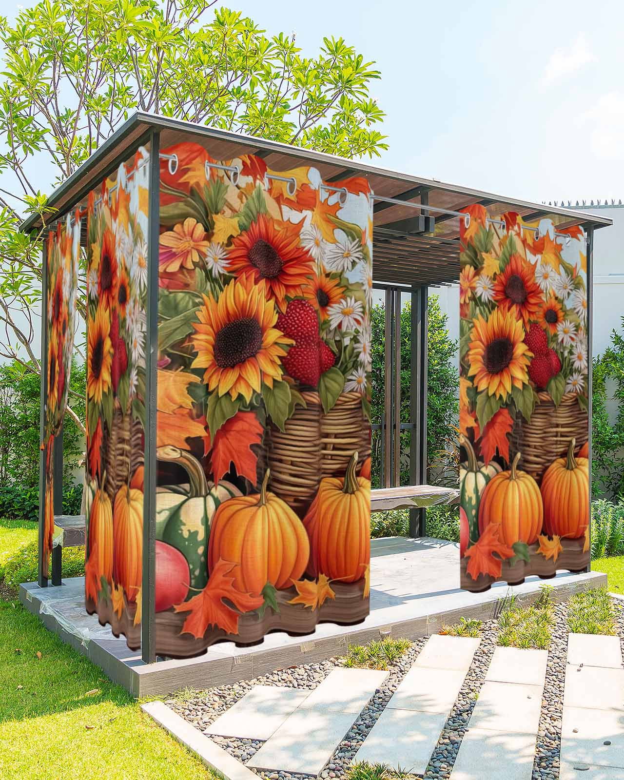 Outdoor Curtains for Patio, Orange Pumpkins Fall Waterproof Blackout Outside Curtain for Porch/Pergola/Gazebo, Watercolor Sunflower Botanical Thermal Insulated Drapes, 2 Panels, 54 x 84 Inch