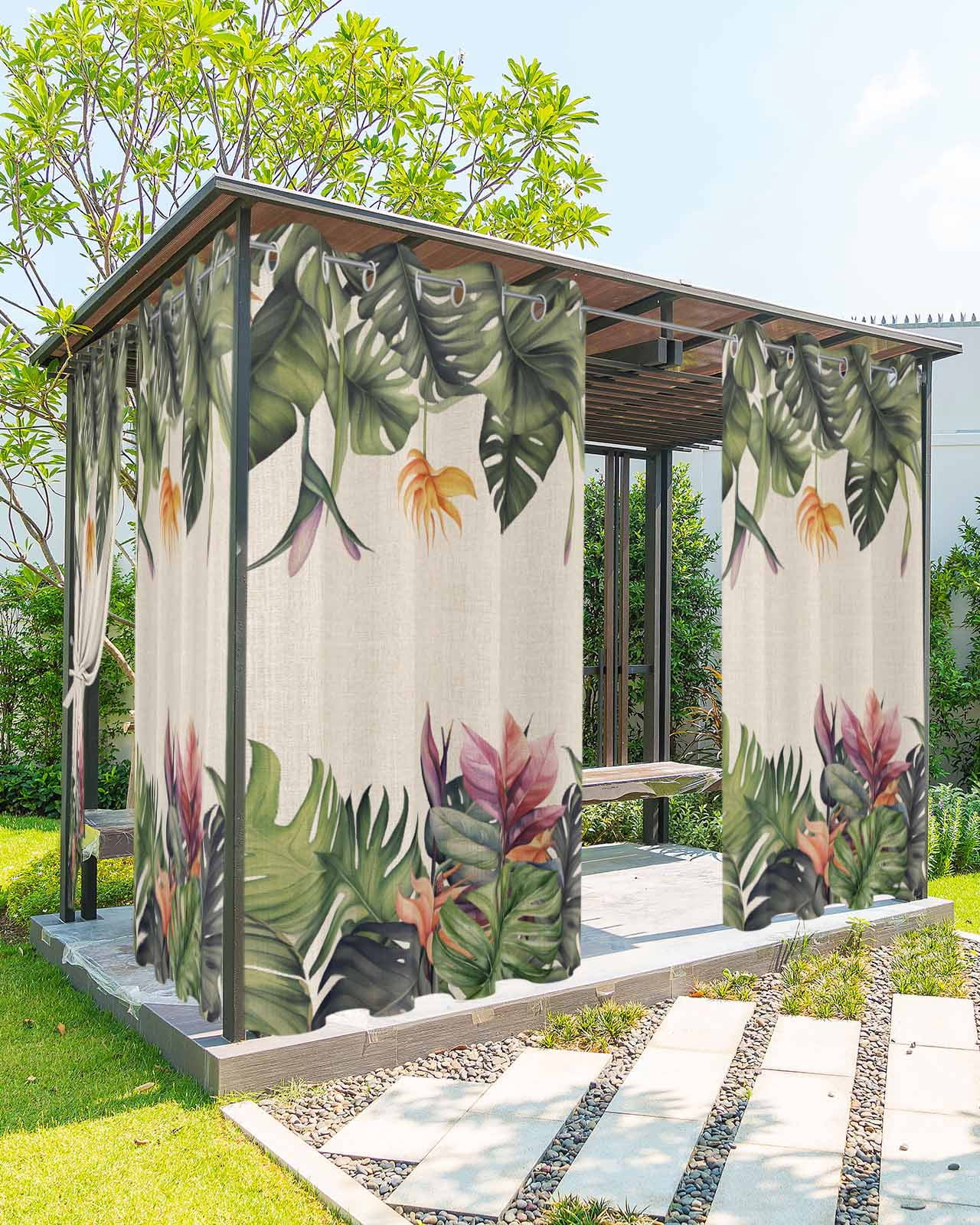 Outdoor Curtains for Patio, Palm Leaves Waterproof Blackout Outside Curtain for Porch/Pergola/Gazebo, Summer Botanical Tropical Plants Rustic Thermal Insulated Drapes, 2 Panels, 54 x 84 Inch