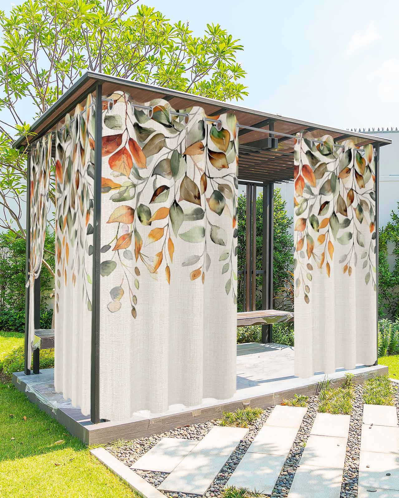 Outdoor Curtains for Patio Plants Eucalyptus Leaves Orange Sage Green ...