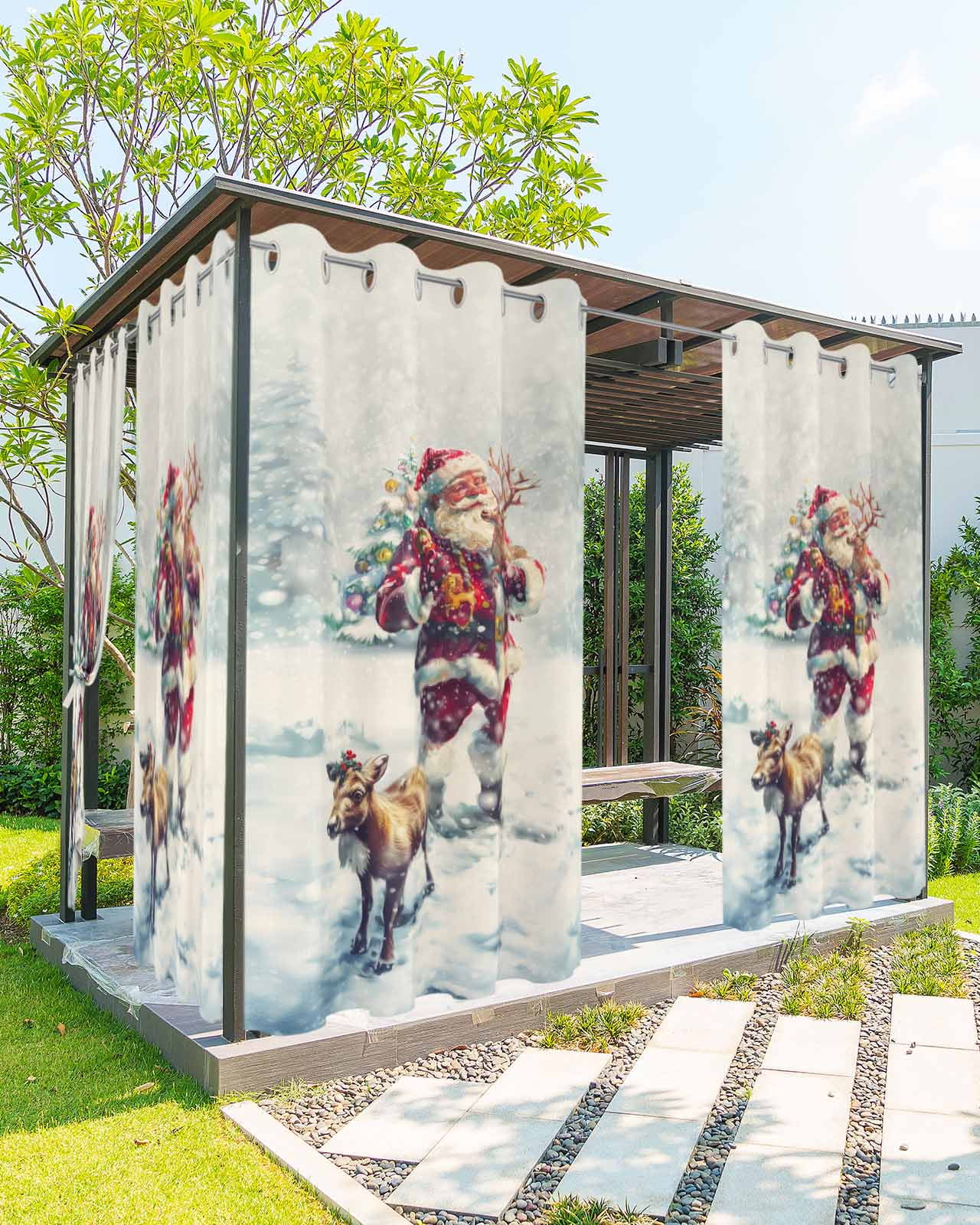 Outdoor Curtains for Patio Realism Snowy Forest Santa Claus Deer Waterproof Outdoor Curtains 95 ...
